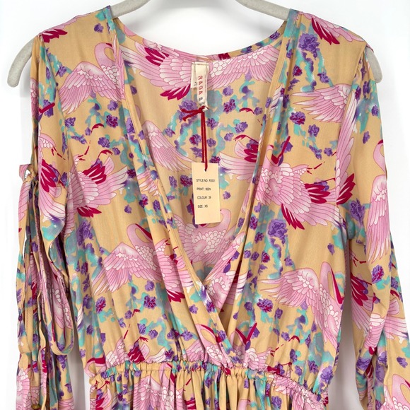 NWT Raga Pink Bird Floral Print Cold Shoulder Mini Dress Sz XS Ties Tassels Boho - Picture 9 of 15